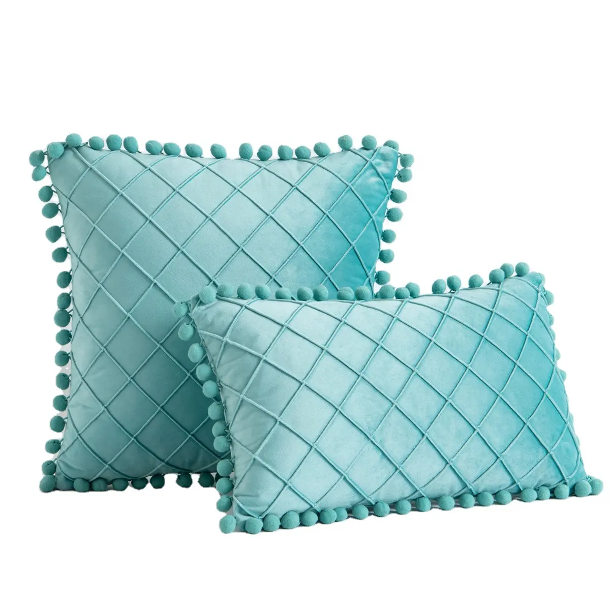 Soft Crystal Velvet Quilting Throw Pillow Covers with Pom Poms Decorative Fringes Solid Cushion Cover for Home Decor