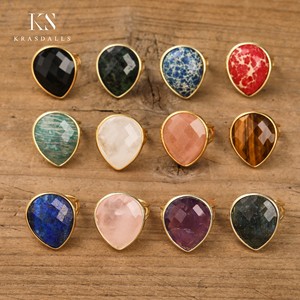 Anillos de moda en forma de lágrima de piedras preciosas de lujo, banda de oro abierta, anillo de tamaño ajustable de labradorita de amatista curativa para mujer - Product Image 5
