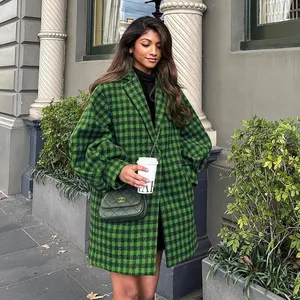Casual Mode Oversized Groen Geruit Geruite Tweed Bovenkleding Overjas Dames Wollen Jassen Winterwol Lange Jas Voor Dames