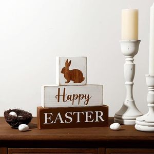 DAMAI Easter Wooden Block Rabbit Ornament Farmhouse Layered Tray Decor for Home Tabletop Decor Easter Craft Wooden Material - Product Image 3