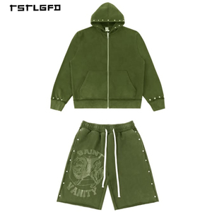 Ensemble de survêtement court deux pièces pour homme, personnalisé OEM, en coton délavé à l'acide vintage, avec sweat-shirt imprimé à fermeture éclair et clouté effet vieilli - Product Image 1