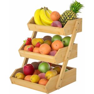 Cesta de frutas de bambú de tres niveles, estante de almacenamiento para encimera de cocina, diseño rectangular que ahorra espacio - Product Image 1