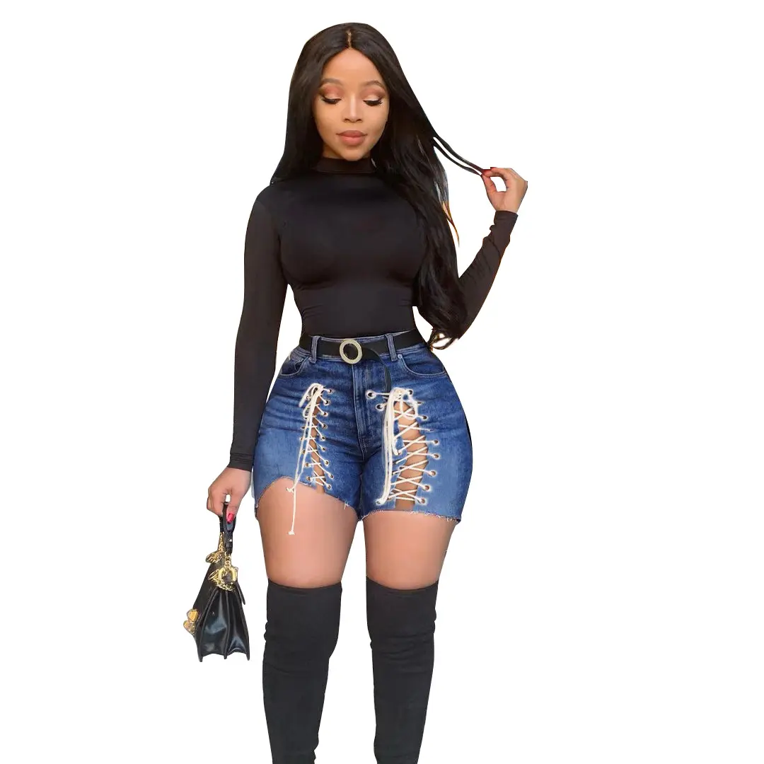 Women Sexy High Waist Stretch Ladies Jeans Shorts With Lace Up Skinny Fit Denim Pants