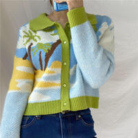 Großhandel Maßgeschneiderte Damen-Strickjacke mit Tropenmuster, Palm-Beach-Design, Knopfleiste vorne, Polokragen, Langarm, Kontrastbesatz, Blau