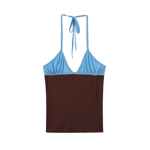 MYST&ZA Women's Vintage 2026 Summer Fashionable European American Halter Neck <b>Patchwork</b> Sleeveless Tank <b>Top</b> 100% Polyester - Product Image 1
