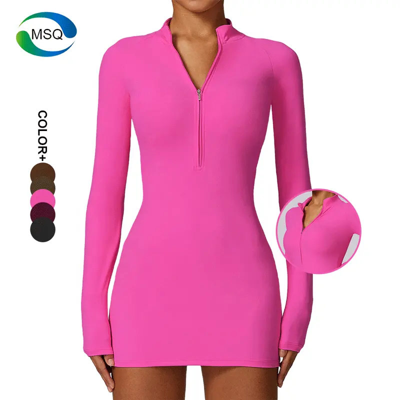 Meilleures ventes Nouvelle arrivée Vêtements de sport d'extérieur Robe shapewear à manches longues Robes pour femmes Vêtements de sport intégrés Robe rose à fermeture éclair