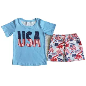 Дизайнерская летняя одежда для маленьких мальчиков 4th Of July, голубая рубашка с флагом, топ и шорты, оптовая продажа, детская бутиковая одежда