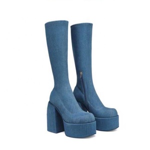 Stretch Denim Square Toe Thick Heel Boots Knee High Platform Women <b>Shoes</b> Winter Comfortable Solid Fashion Booties - Product Image 2