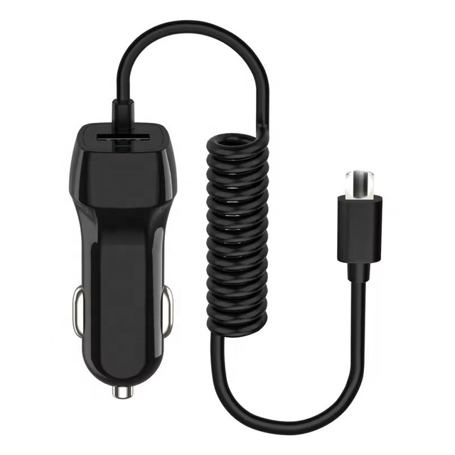 Certificate 3.1A USB Car Charger With Built-in Charging Cable Wire Spring Cable for IPhone/Micro/Type-C Port Fast Car Charging