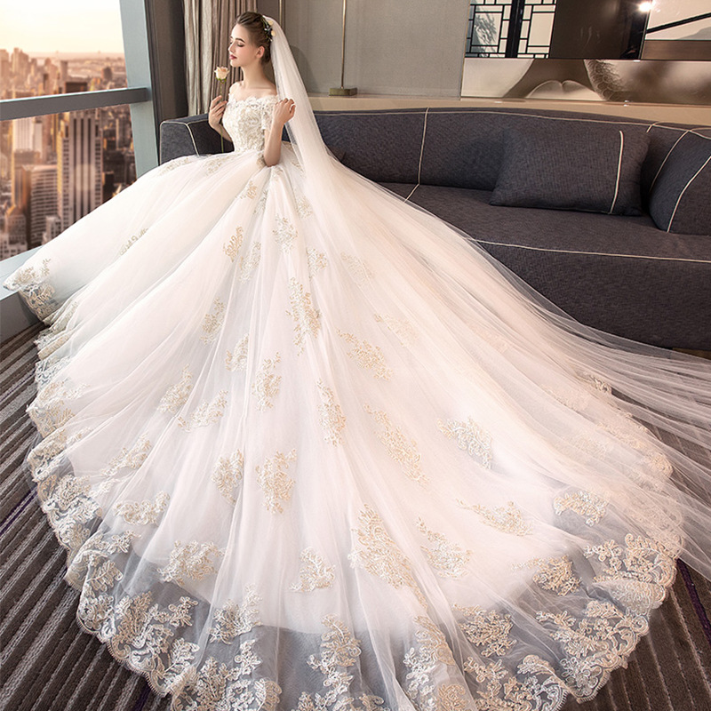 chinese dress ladies Chic A-line Deep V neck Long Sleeve Tulle Wedding Gowns Court Train Wedding  Dresses MLH0500