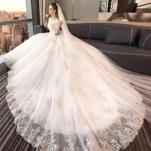 2022 New 1.5M Dài Train Puffy Wedding Dress Bất Hình Ảnh Sang Trọng Tắt Vai Trắng Champagne Cộng Với Kích Thước Bóng Gown Wedding Dress