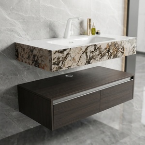 Mobile <span class=keywords><strong>Bagno</strong></span> Sospeso di Lusso Minimalista Scandinavo Scanalato con Piano in Marmo e <span class=keywords><strong>Lavabo</strong></span> a Vaso Bianco Integrato - Product Image 5