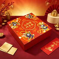 Coffret Cadeau Nouvel An Rouge et Or, Boîte Rigide Carrée avec Illustration de Dessin Animé, Boîte Intérieure Caractère Fu et Ensemble Festival du Nouvel An avec Enveloppes Rouges