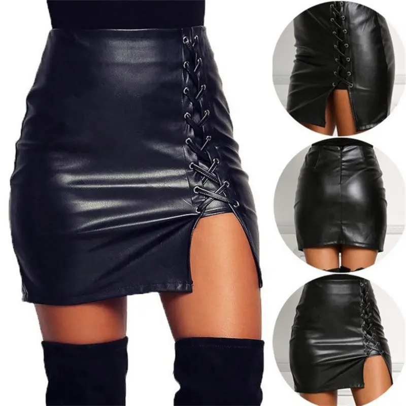Rok kulit PU pinggang tinggi, rok mini tali elegan, rok streetwear ukuran besar, rok hitam kurus pendek