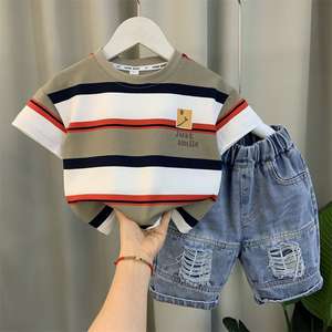 2025 <strong>Kids</strong> <strong>Boy</strong> Summer Clothes Set Striped Green White T-shirt + Distressed Denim <strong>Shorts</strong> 2 Pcs <strong>Boy</strong> Set - Product Image 2