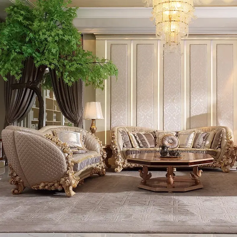 Untuk Koleksi Seni Prancis Rumah Prefab Kustom, Kombinasi Sofa Kayu Asli Furnitur Ruang Tamu Villa