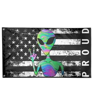 사이키델릭 외계인 3x5ft 야외 정원 장식 깃발과 자랑스러운 미국 국기