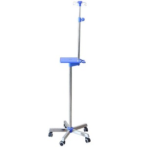 Stainless Steel Infusion Stand With Adjustable Height And Blue <b>Pump</b> Tray For Hospital Use - Product Image 5