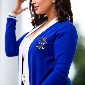 Jolie fille femmes coupe-vent côté col ouvert ample Club solide lettre grecque sororité symboles manteau pull - Product Image 3