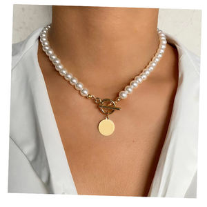 Оптовая продажа, модное жемчужное ожерелье для женщин и девушек, позолоченные металлические монеты, медальон, жемчужное ожерелье - Product Image 1