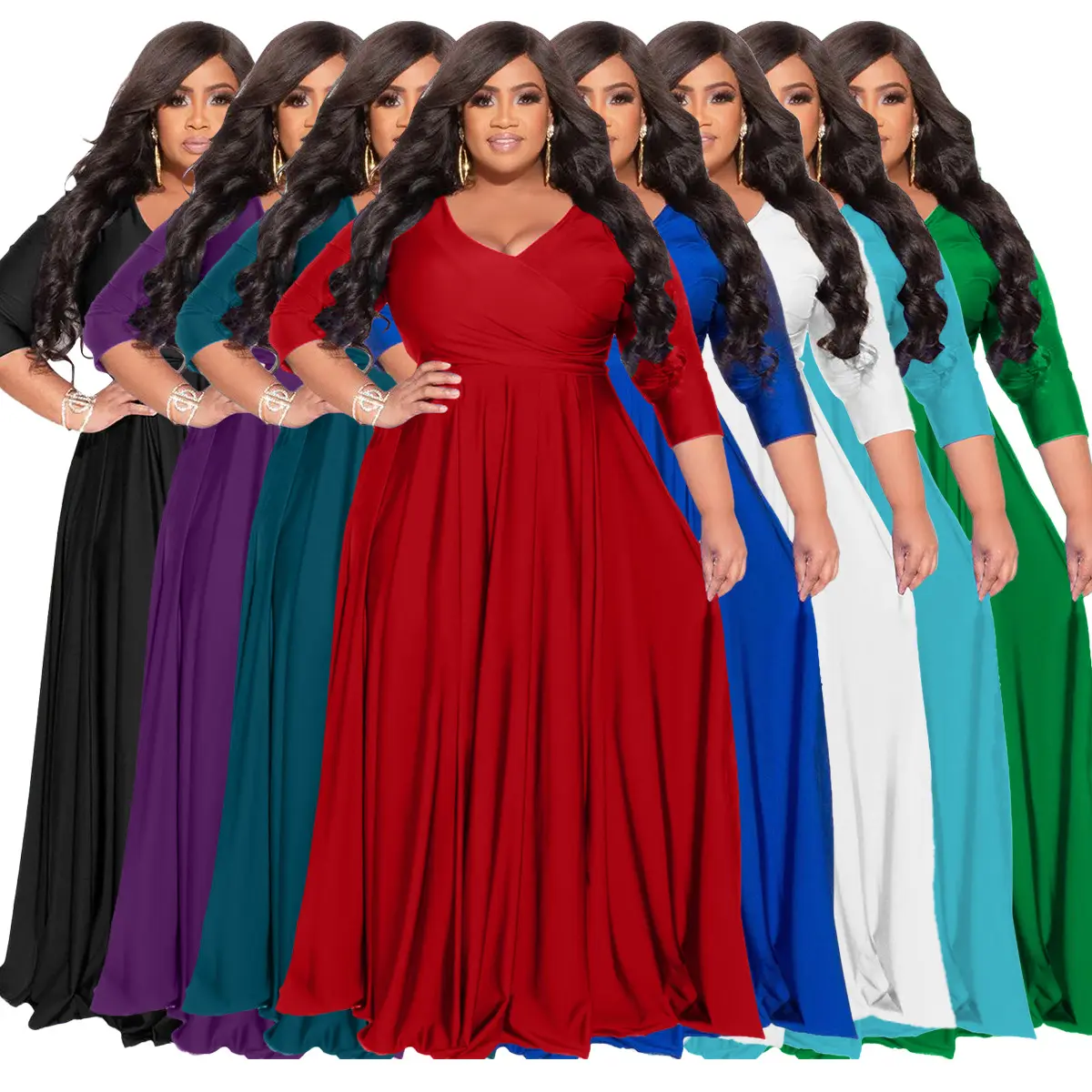 2022 Autumn dress fat woman shoulder dress long sleeve Deep V-neck solid color dress plus size women's wedding