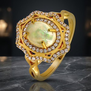 Gourik Victorian Style Classic <b>Gold</b> Plated 925 Silver Oval Natural Ethiopian <b>Opal</b> with Natural Zircon Wedding Statement <b>Ring</b> - Product Image 3