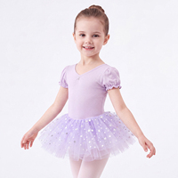 Maillot de Ballet para Niñas, Tutú con Mangas Abullonadas, Cuello en V, Lazo en la Espalda, Falda de Tul con Estrellas Brillantes para Clases de Danza