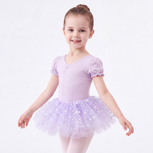 Maillot <span class=keywords><strong>de</strong></span> Ballet para Niñas, Tutú con Mangas Abullonadas, Cuello <span class=keywords><strong>en</strong></span> V, Lazo <span class=keywords><strong>en</strong></span> la Espalda, Falda <span class=keywords><strong>de</strong></span> Tul con Estrellas Brillantes para <span class=keywords><strong>Clases</strong></span> <span class=keywords><strong>de</strong></span> Danza - Product Image 2