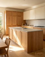 XINGRUO Cuisine moderne Japandi en bois naturel, armoires minimalistes sur mesure avec îlot de cuisine indépendant, solution pour maison à plan ouvert