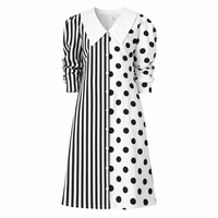 Robe chemise midi surdimensionnée personnalisée pour femme en mélange lin et coton, imprimé rayures noires et blanches et pois, col plissé