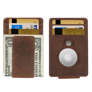 Leather Card <b>Holder</b> With AirTag Slot For Credit Card 6 Inch Genuine Leather <b>Wallet</b> Solid Color Coffee Brown - Product Image 2
