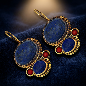 Boucles d'oreilles pendantes vintage Art Palace en lapis-lazuli et pierres rouges, argent 925, pierre naturelle, plaqué or antique, pour femme, bijoux de fête - Product Image 3