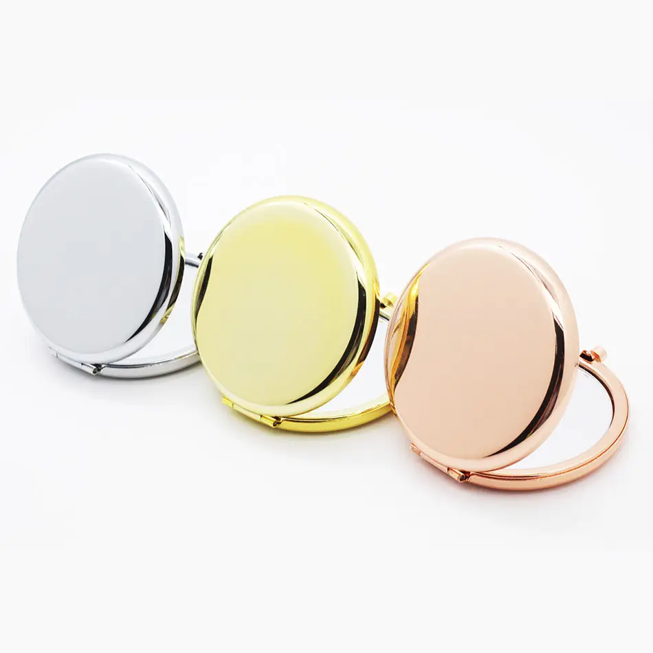 Miroir cosmétique de poche rond en métal argenté avec logo personnalisé mini miroir de maquillage grossissant à main pliant en or rose