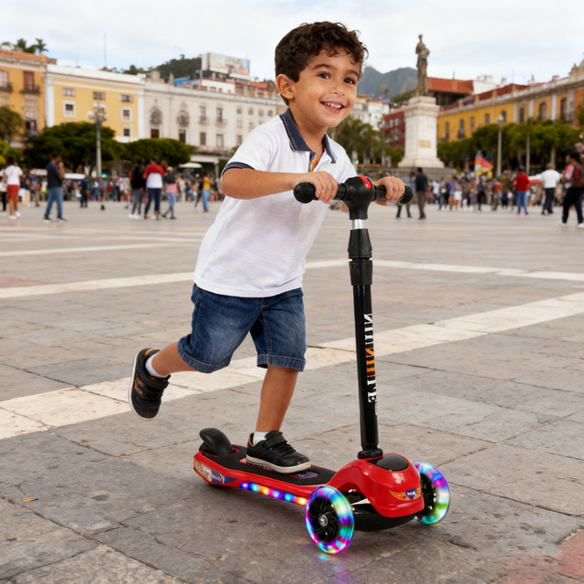 Three Foldable PU Wheel LED Flash Light Children's Scooter with Height Adjustable Plastic Frame