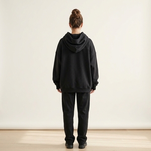 Sweat-shirt à capuche noir surdimensionné pour femme, broderie écologique, avec poches, manches longues, en polaire, couleur unie, pour le printemps et l'hiver - Product Image 2