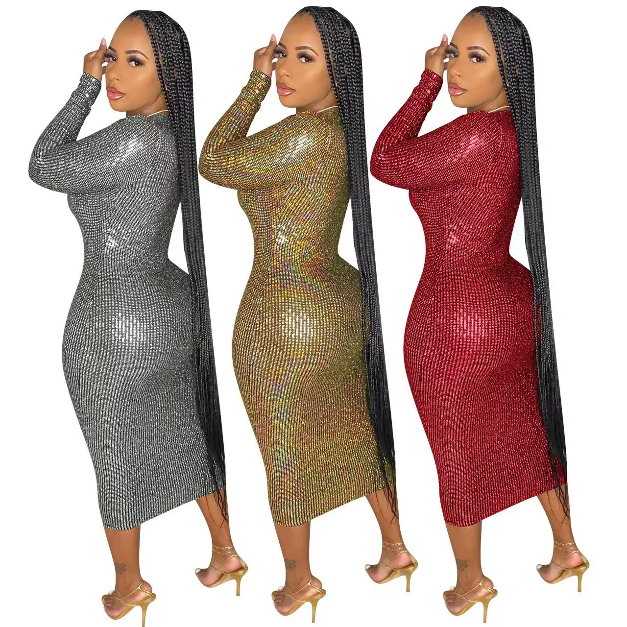 2022 new Gilded fabric plunging neckline dress fashion long sleeve 3 colors sexy night club dress for women