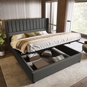 Letto Contenitore Idraulico Imbottito, Vendita all'Ingrosso, Struttura in Legno con <span class=keywords><strong>Doghe</strong></span> in Lino, Base <span class=keywords><strong>a</strong></span> <span class=keywords><strong>Doghe</strong></span> con Telaio in Metallo - Product Image 3