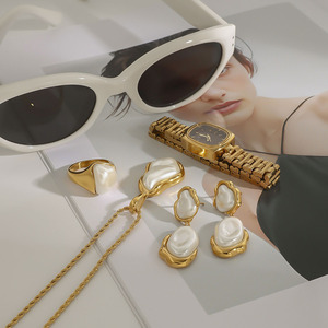 Conjunto de Joyería de Perlas de Acero Inoxidable, Anillo Irregular, Collar y Pendientes con Engaste de Bisel en Tono Dorado, Accesorios de Moda - Product Image 2