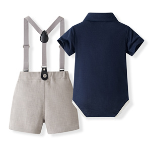 Costume de cérémonie 3 pièces pour bébé Catpapa : Body à revers à manches courtes, short à bretelles et cravate – Idéal pour mariage - Product Image 2
