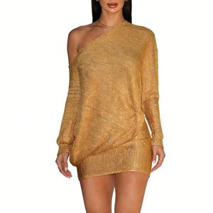 Abito Mini Asimmetrico Monospalla Dorato Metallizzato da Donna, Vestito Aderente Drappeggiato per Feste Sehefashion - Product Image 3