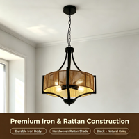 Lampe suspendue vintage en rotin tressé à la main, réglable en hauteur, en fer noir mat, pour les pièces alimentées par courant alternatif