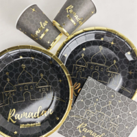 Articles de fête Ramadan Mubarak en noir et or, vaisselle Ramadan Mubarak, assiettes, gobelets et serviettes en papier jetables, festival musulman islamique