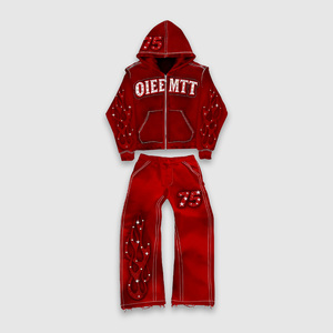 Tùy chỉnh unisex Rhinestone hoodie người đàn ông quá khổ cắt axit rửa Zip <span class=keywords><strong>Up</strong></span> đau khổ cổ điển Sweatpants và hoodie <span class=keywords><strong>Set</strong></span> - Product Image 2