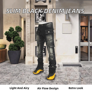 Black New Arrival Slim Straight Mid Rise Vintage Stonewashed Denim Men High Quality Stacked Multi Pocket Winter Custom OEM <b>Pants</b> - Product Image 2
