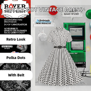 Vestido Midi Vintage de Verano para Mujer, Ecológico, de Algodón Liso Teñido, con Cintura Imperio, Mangas Cortas con Estampado de Lunares y Cinturón - Product Image 2
