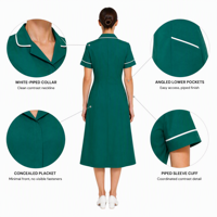 Robe Tunique Infirmière Femme à Manches Courtes avec Passepoil Contrastant, Robe Uniforme Médicale Coupe Évasée à Patte de Boutonnage Discrète, Logo Personnalisé pour Hôpital