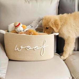 Cesta de juguetes para perros de cuerda de algodón ecológica, organizador de juguetes para perros pequeños tejido a mano con asas y bordado personalizado de "Woof" - Product Image 3
