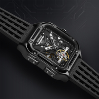Mark Fairwhale Herren Automatische Mechanische Uhr Leuchtende Skala Hohle Zeiger Gummiarmband 44mm Metallgehäuse 3BAR Wasserdicht FW-6530