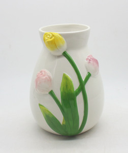<span class=keywords><strong>Vase</strong></span> à fleurs en céramique blanche avec des tulipes jaunes et roses en 3D et des tiges vertes, décoration d'intérieur - Product Image 2