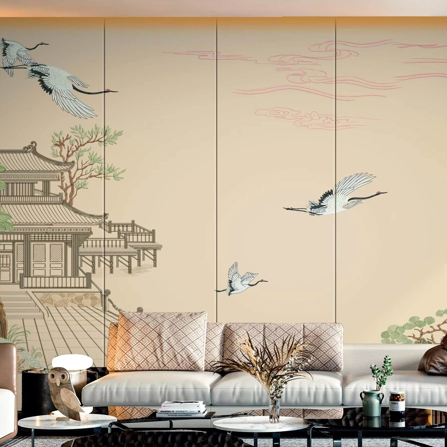 Customizable Modern Embroidery PVC Firewall Panel Waterproof Fireproof Back Wall for Home Gym Bedroom Villa Hotel Sound